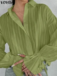 Plus Size 5XL VONDA Women Shirts 2024 Casual Solid Color Long Sleeve Blouse Cotton Linen Tunic Casual Loose Lapel Collar Tops