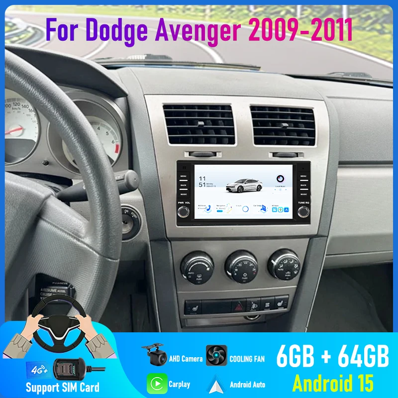 

7'' For Dodge Avenger 2009-2011 Car Radio 4G SIM Camera Navi BT Image Wifi Google Map Android 15 Auto FM GPS Head Unit Carplay