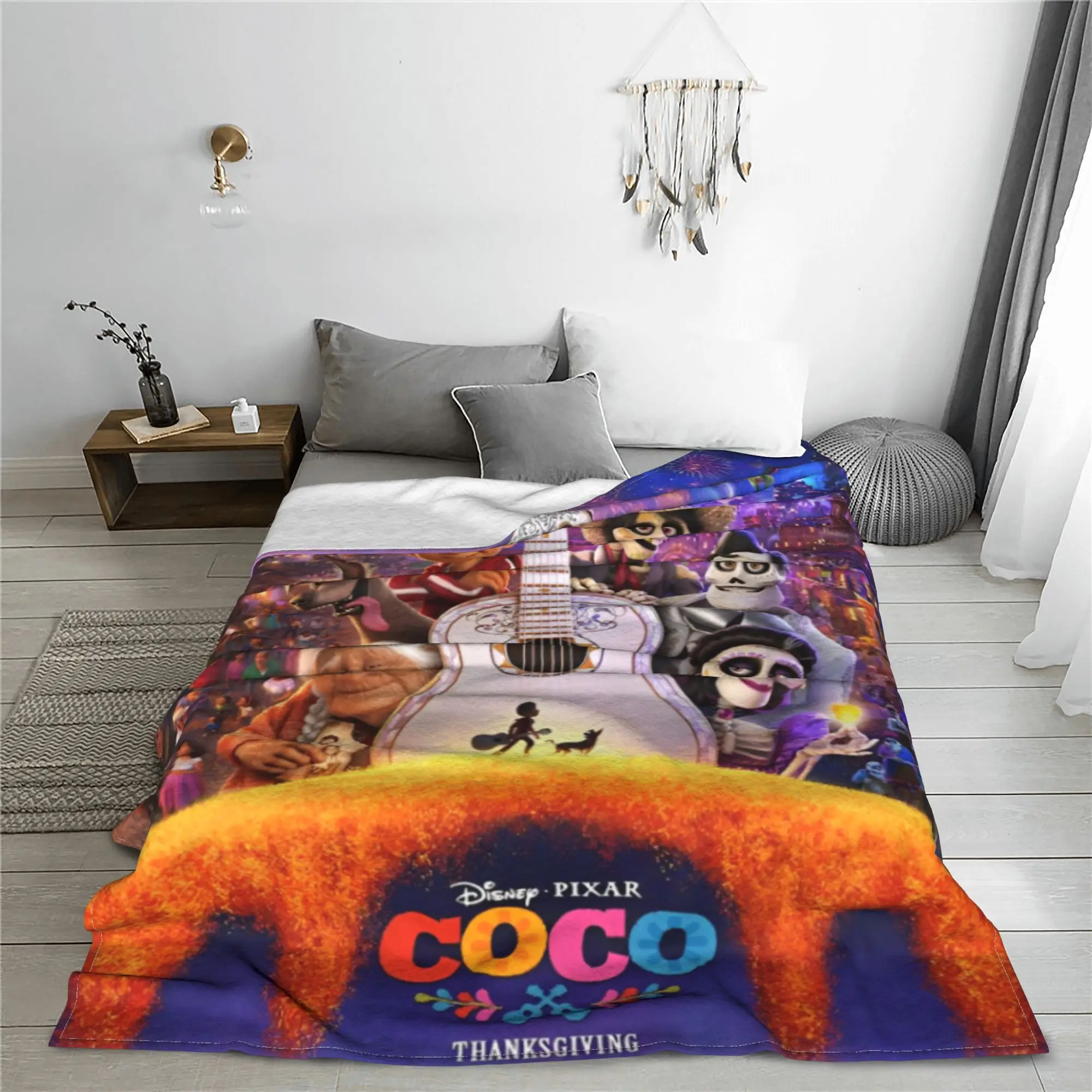 C-Coco Day of The Dead Cartoon Velvet Throw Blankets Guitar Thankgiving Blanket Sofa Bed Lightweight Thin Quilt Multifunction