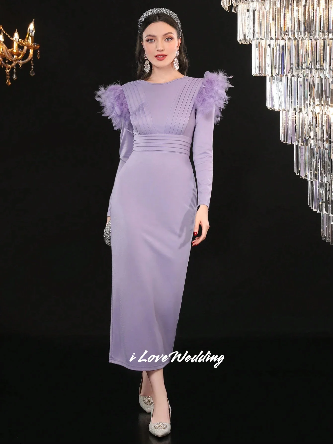 

Purple O-Neck Evening Dresses 2025 Long-Sleeved Feather Mermaid Pleated Tea-Length Dresses for Special Occasions Customized