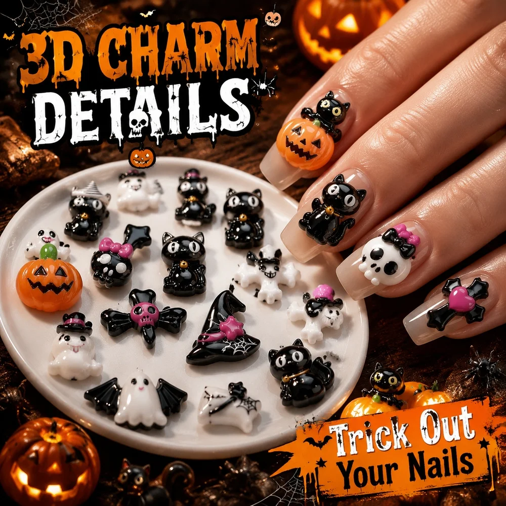 50Pcs Cute Halloween Resin Nail Charms Mixed Ghost Pumpkin Bat Black Cat Witch Hat Ornaments Gel Nail Manicure Decor Accessories