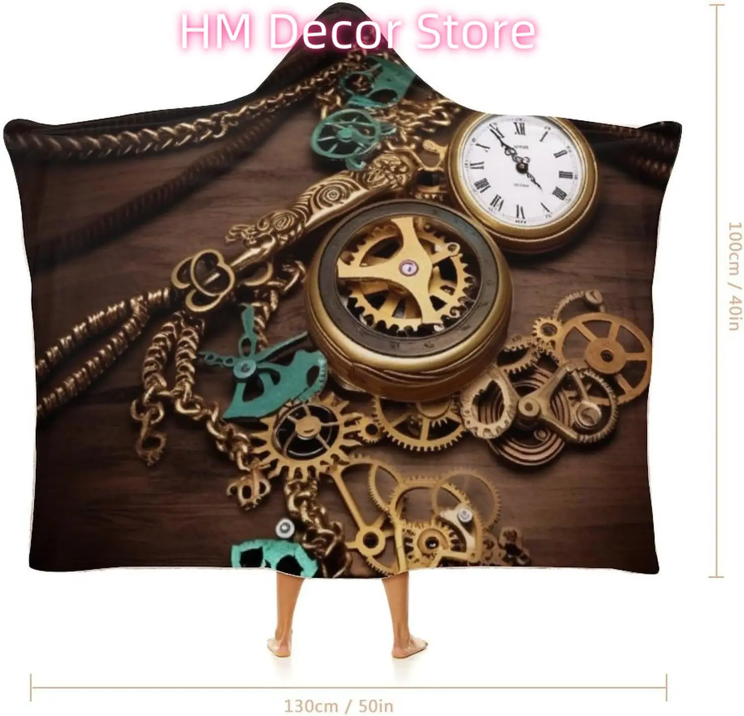 Steampunk Watches Keys Wearable Hooded Blanket, Ultra Soft Arctic Velvet Cape Cloak Unisex - Cozy Wearable Blanket