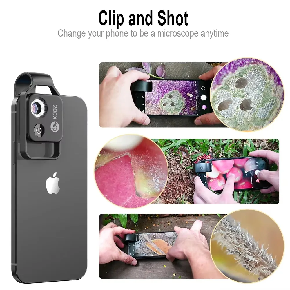 HD 200x Magnification Digital Mini Pocket Microscope Lens with LED Light Super Macro Lens for iPhone Samsung Tablets Smartphones