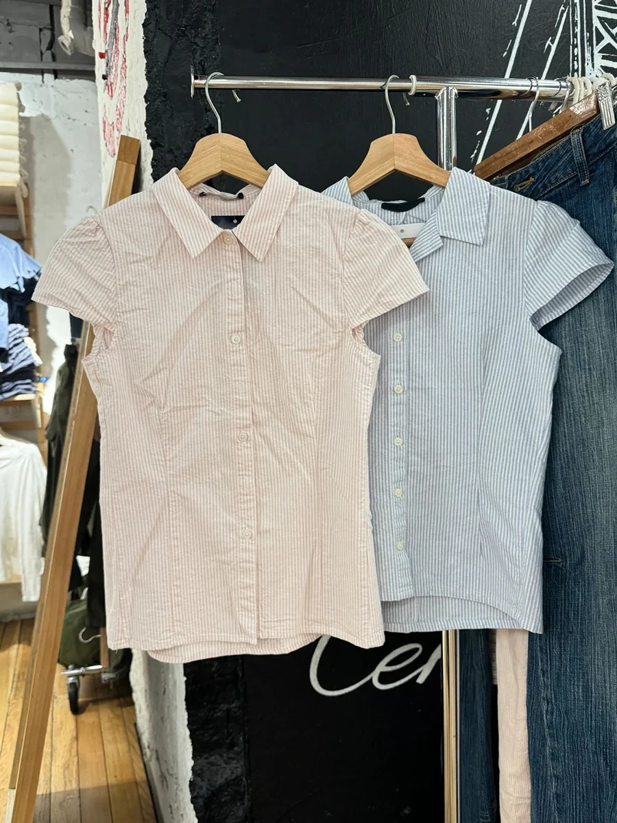 Pink Striped Slim T-shirt Blouse Woman Summer Lapel Single Breasted Short Sleeve Tee Tops Sweet Cute Preppy Style Shirts Y2k