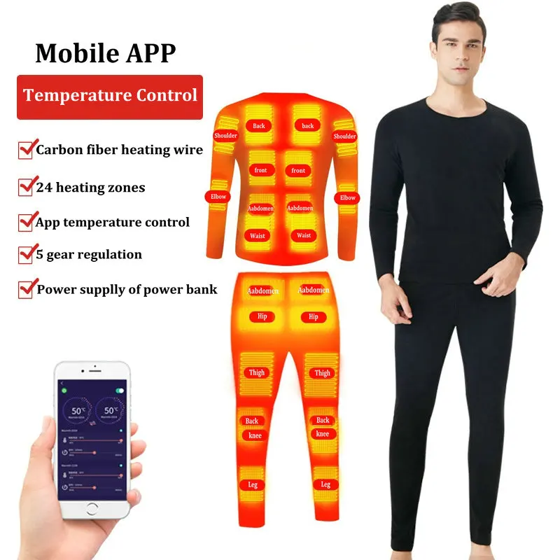 20/24 Areas Winter Self Heated Vest Men Heating Jacket Heated Suit Phone APP Control Temperature USB Thermal Underwear Clothing