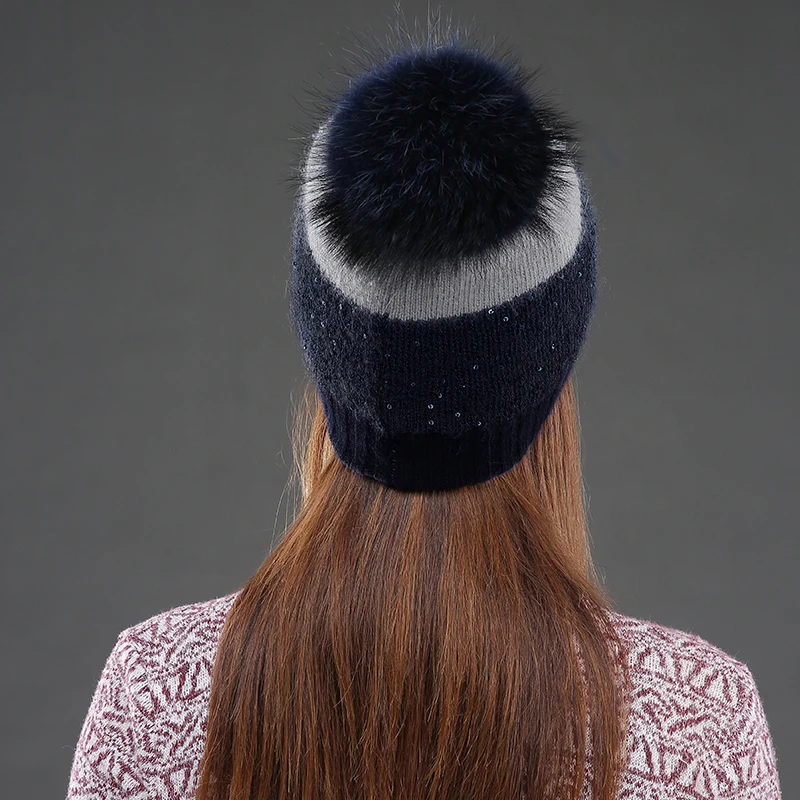 CNTANG Women Hat Winter Sequins Knitted Rabbit Fur Beanies Fashion Warm Casual Hats With Natural Raccoon Fur Pompom Cap Female