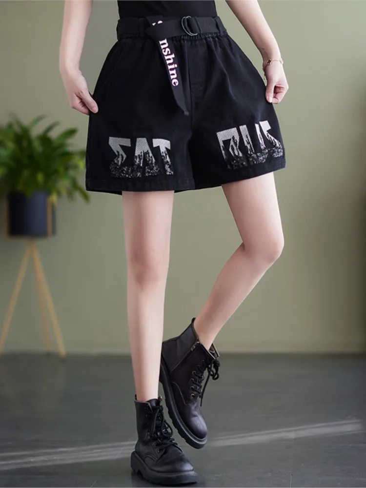 Oversized Jeans Summer Letter Print Mini Denim Shorts Women Loose Wide Leg Pleated Ladies Trousers Fashion Casual Woman Shorts