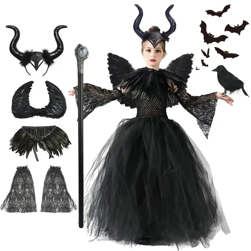 

Halloween Costume Maleficent Tutu Dress For Girls Cosplay Evil Queen Black Mesh Princess Dress Kids Crow Wand Demon Witch Gown