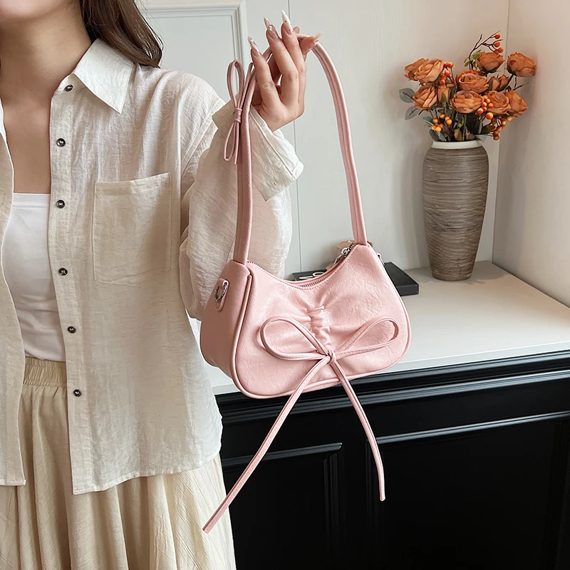 Retro Bow Design Small PU Leather Shoulder Bags For Women 2024 Korean Fashion Designer Crossbody Bag Female Solid Color Handbags