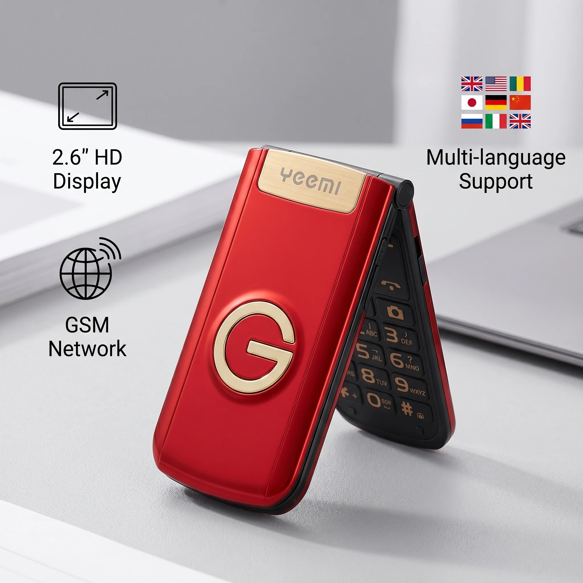 YEEMI G9000 GSM 2G Flip Mobile Phone 2.6‘’ Screen Big Keyboard Dual SIM Card Flashlight FM Radio Bluetooth MP3 MP4 SOS Cellphone