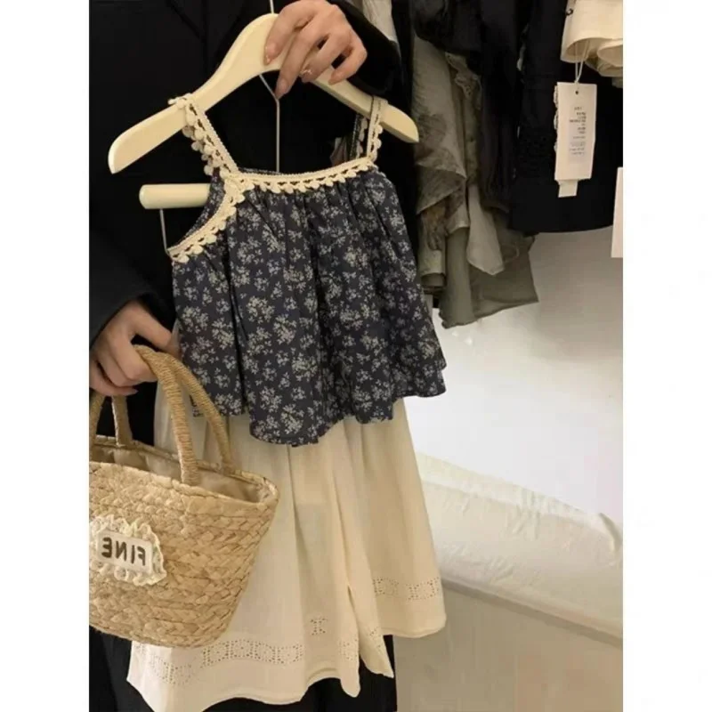 

Girls' New Summer Outfit Children's Stylish Floral Strap Top Thin Casual Wide-Leg Pants Two-Piece Set