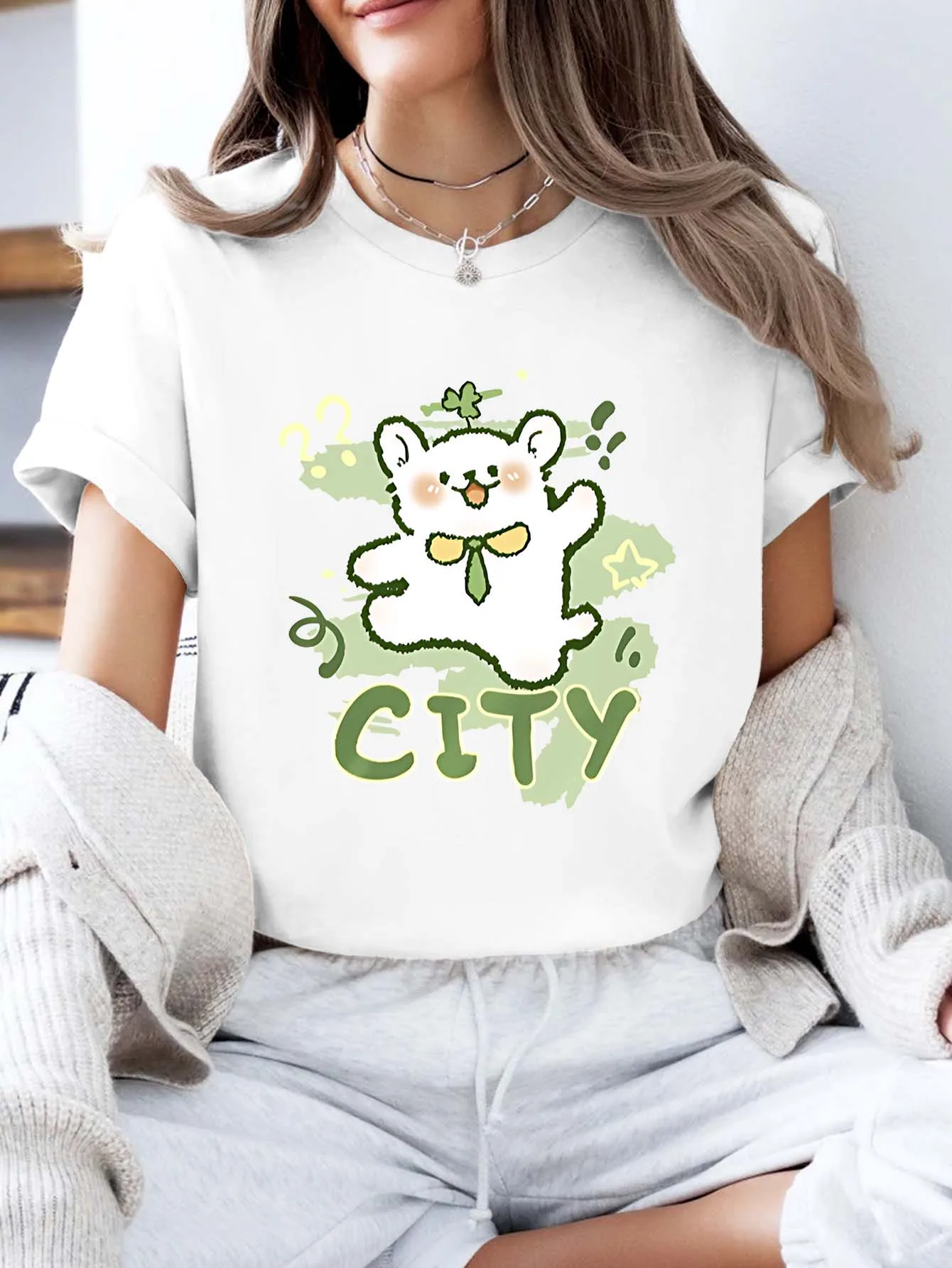 

Plus - Size Short Sleeve T - Shirt Women's Clothing: “CITY” Cute Bear with Bowtie Graphic