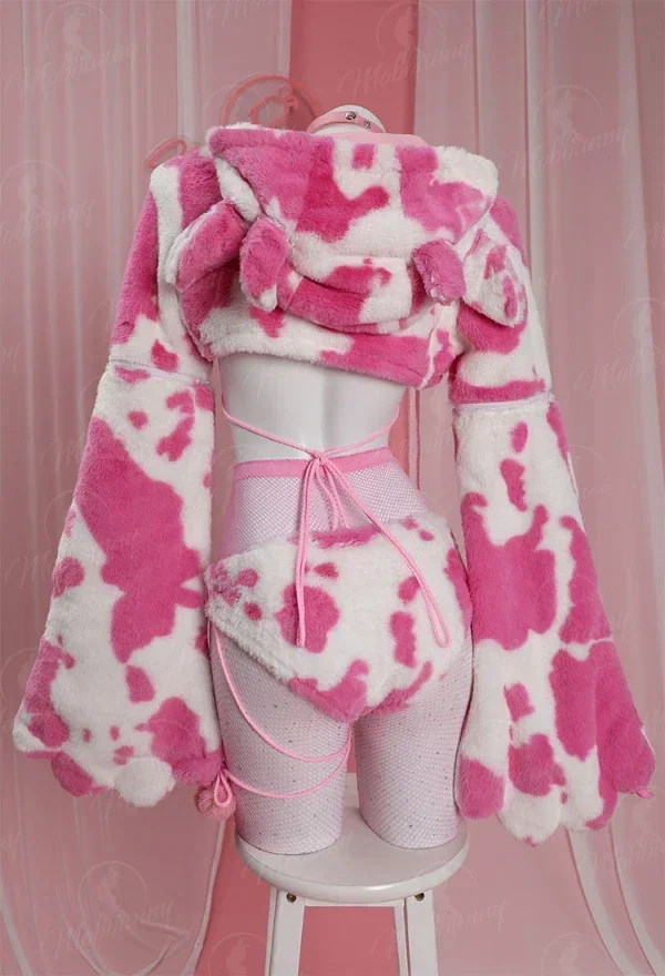 Mobbunny Women Sexy Lingerie Paw Cosplay Costume Cow Print Plush Bra and Panty Sleepwear with Short Hoodie and Stockings