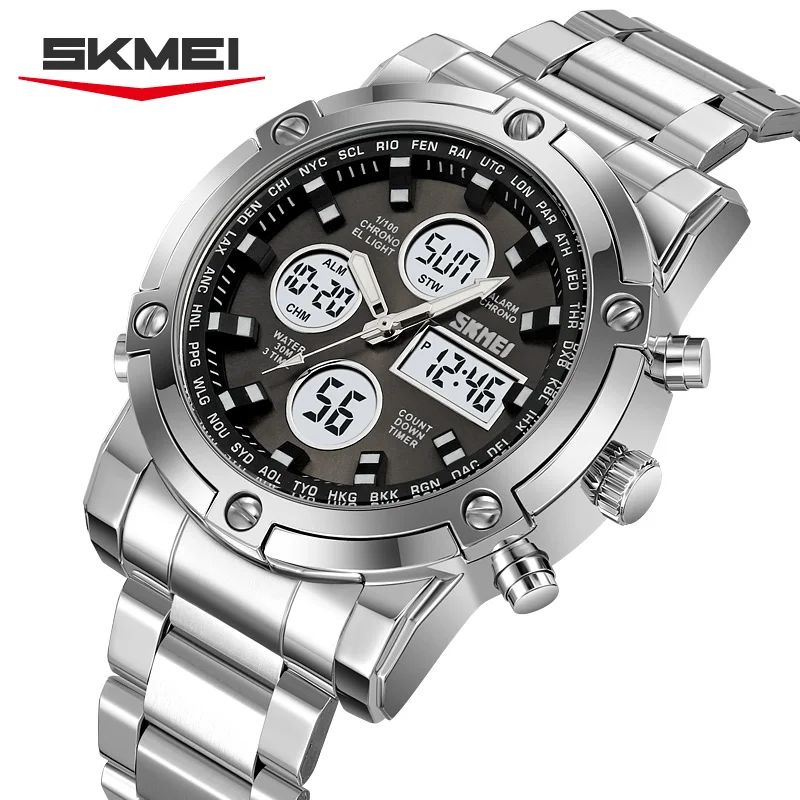 SKMEI 2556 Modische LED Digitaluhren für Herren mit Vollstahlarmband, 3-Zeiten-Quarz-Armbanduhr, Countdown-Uhr, Relogio Masculino