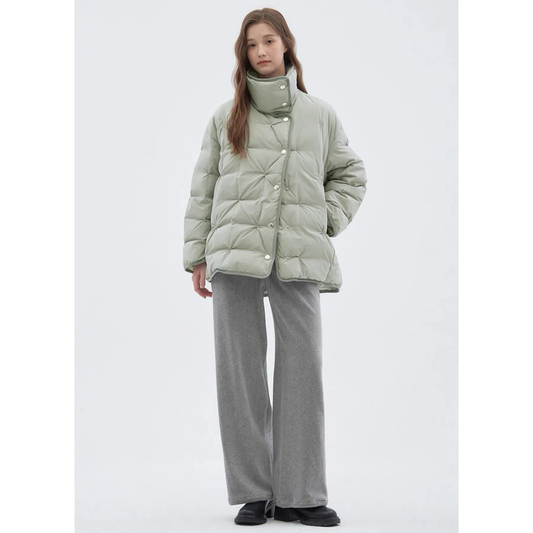 

Утепленная куртка из гусиного пуха Lemon Cheese: Простая элегантность, воротник-стойка, вышивка, плиссировка, универсальная женская верхняя одежда