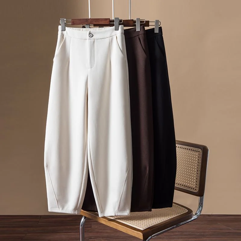 

Осень-зима, новые женские шаровары на флисовой подкладке, свободные укороченные облегающие брюки с высокой талией, деловой повседневный костюм, брюки