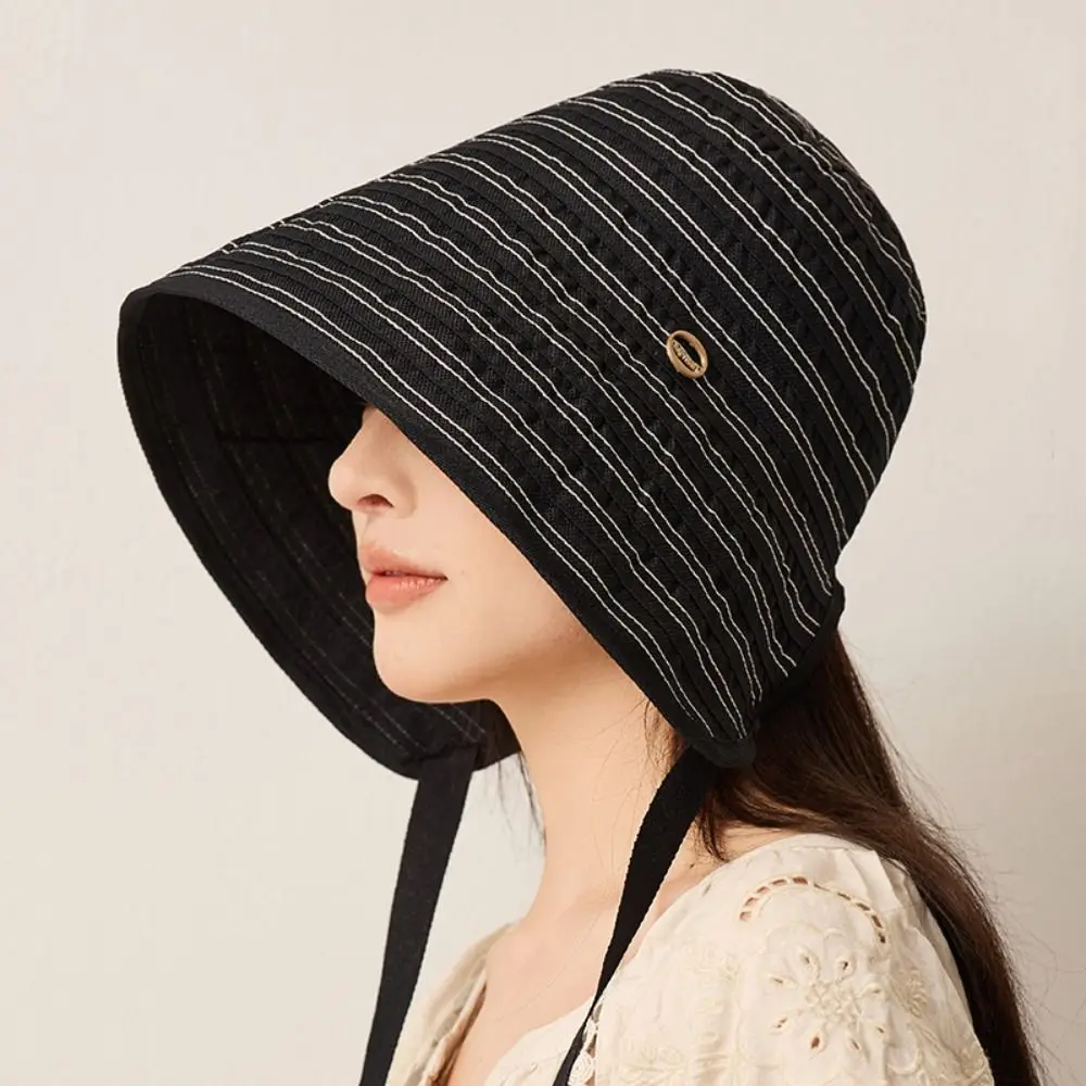 Fashion Ribbon Women Striped Fisherman Hat Solid Color Foldable Sunshade Hat Cotton Wide Brim Summer Sun Hat Hiking 3