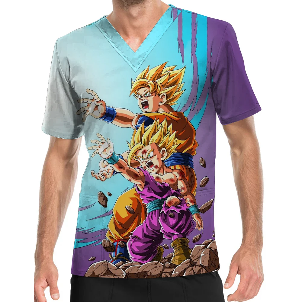 Summer Men's Short Sleeve V Neck Top Children's Center Work Clothes Dragon Ball Series Printing Pet Shop Work Uniform