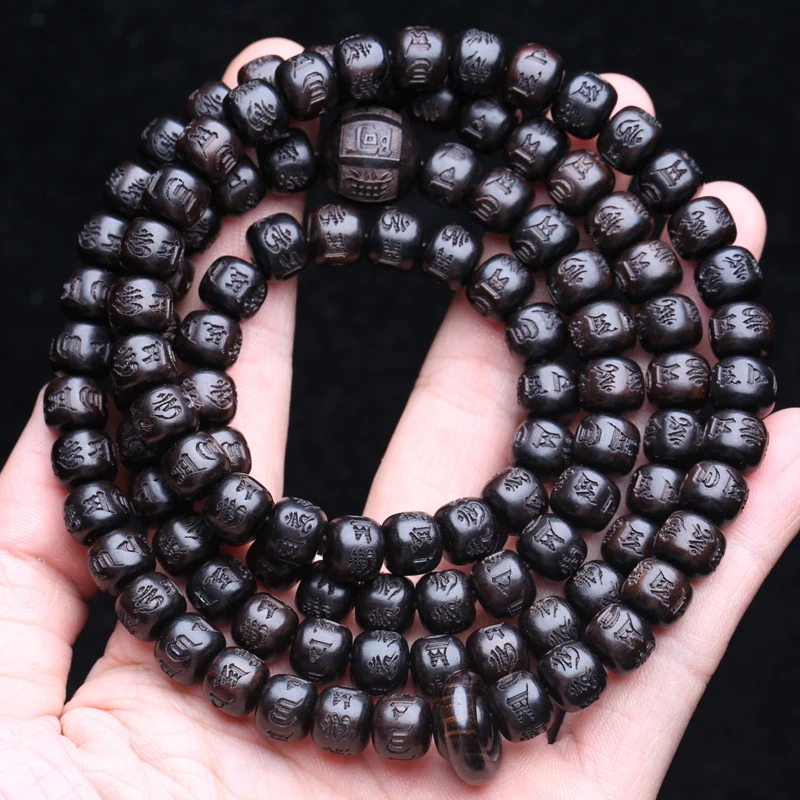Natürliche Ebenholz tibetisch-buddhistische Gebetsmühle Mantra Perlen 8 mm x 9 mm 108 Perlen MALA Halskette – Detail 4