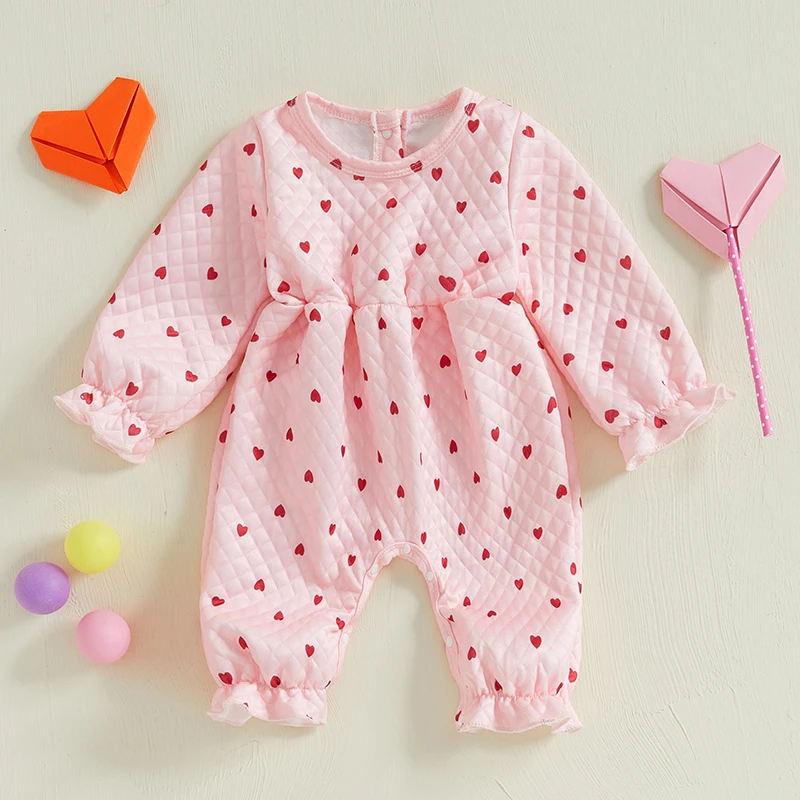 Baby Girl Valentines Day Jumpsuit Fashion Newborn Heart Print Round Neck Long Sleeve Ruffled Legs Romper Spring Streetwear