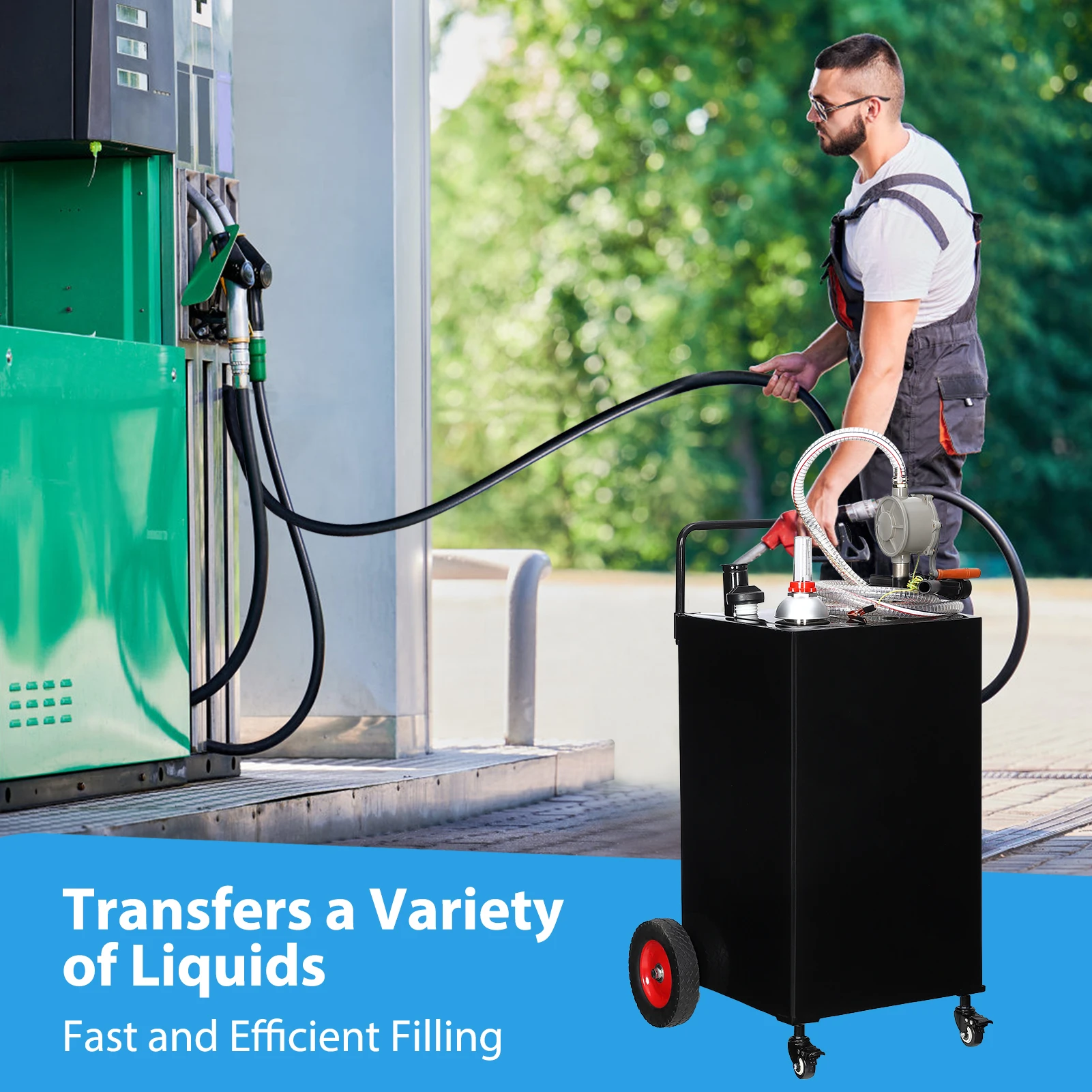 35 Gallon Portable Fuel Tank with Manual Transfer Pump Heavy Duty Fuel Caddy on 4 Wheel Cart for Car Truck Tractor Boat Lawnmower Outdoor Power Equipment Fuel Storage