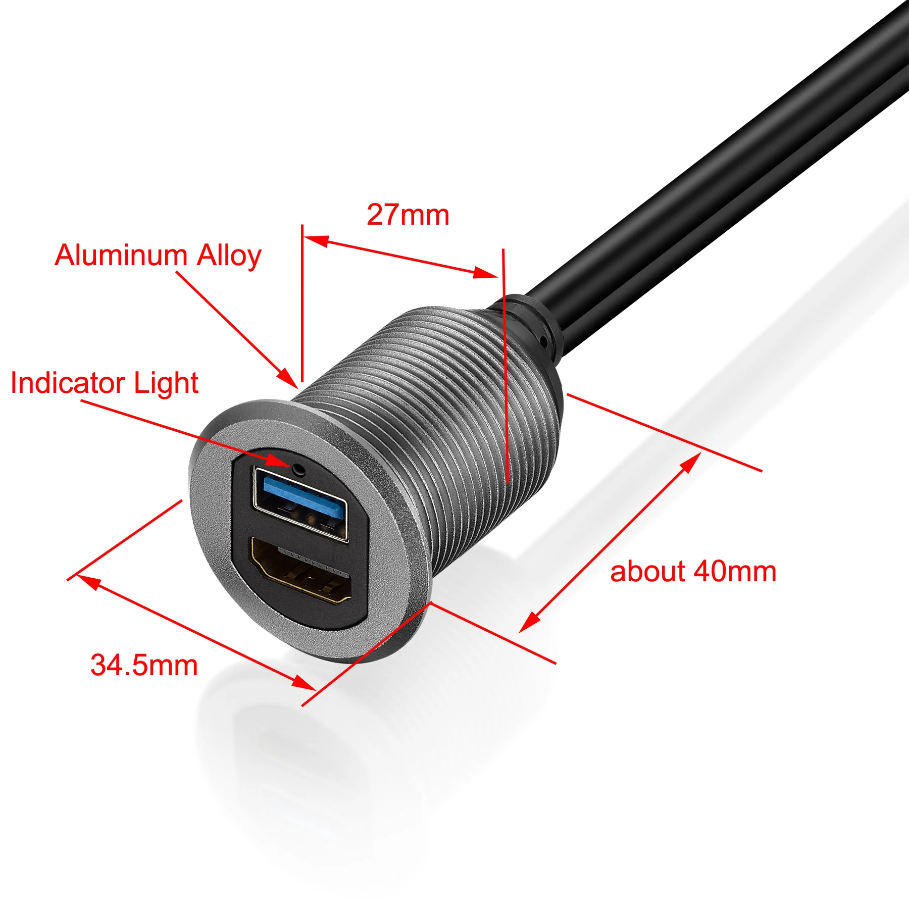 Bochara USB 3.0+HDMI-Compatible 4K@60Hz Extension Male to Female Flush Mount Panel Aluminum Alloy Dashboard Cable For Car 1m