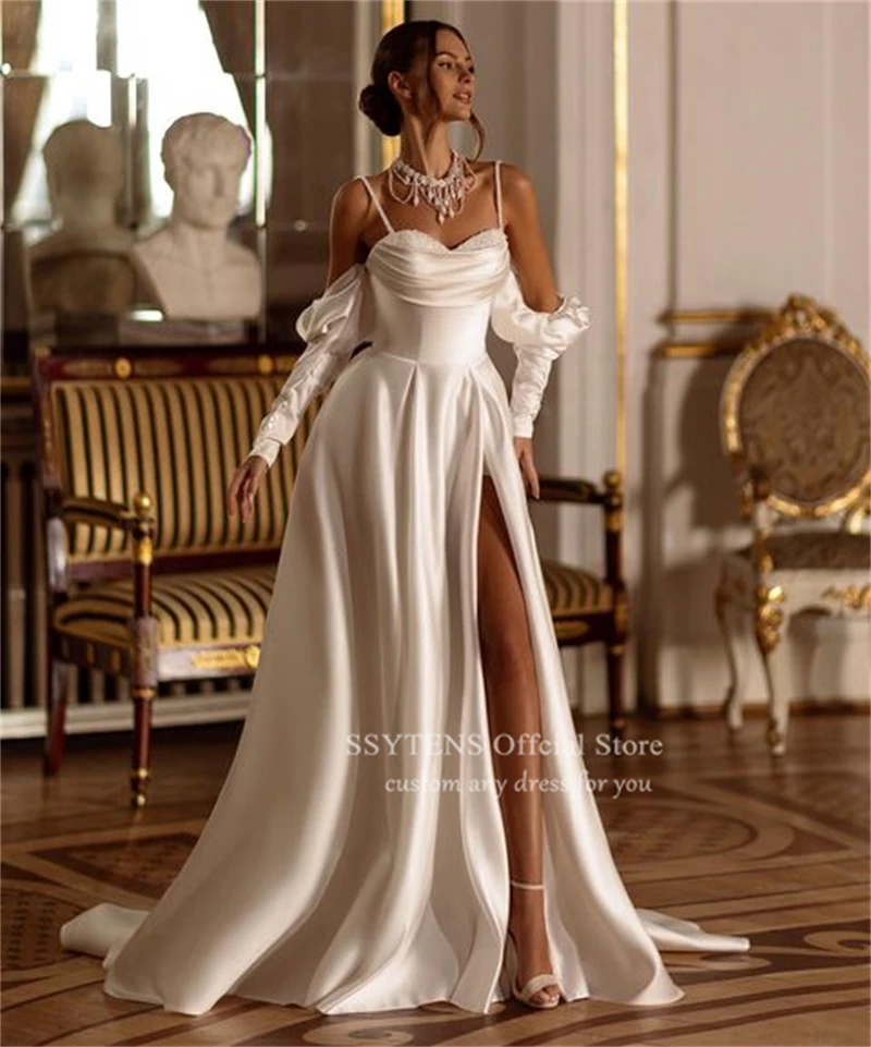 Ssytens vintage querida contas brilhantes cinta de espaguete cetim vestido de noiva longo a linha alta fenda espartilho volta vestidos de casamento civil