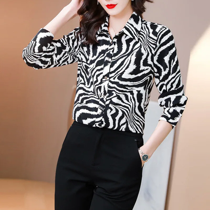 Women Elegant Zebra Print Work Wear Button Chiffon Shirts Spring Autumn Korean Long Sleeve Loose Blouse Top Blusas Mujer De Moda