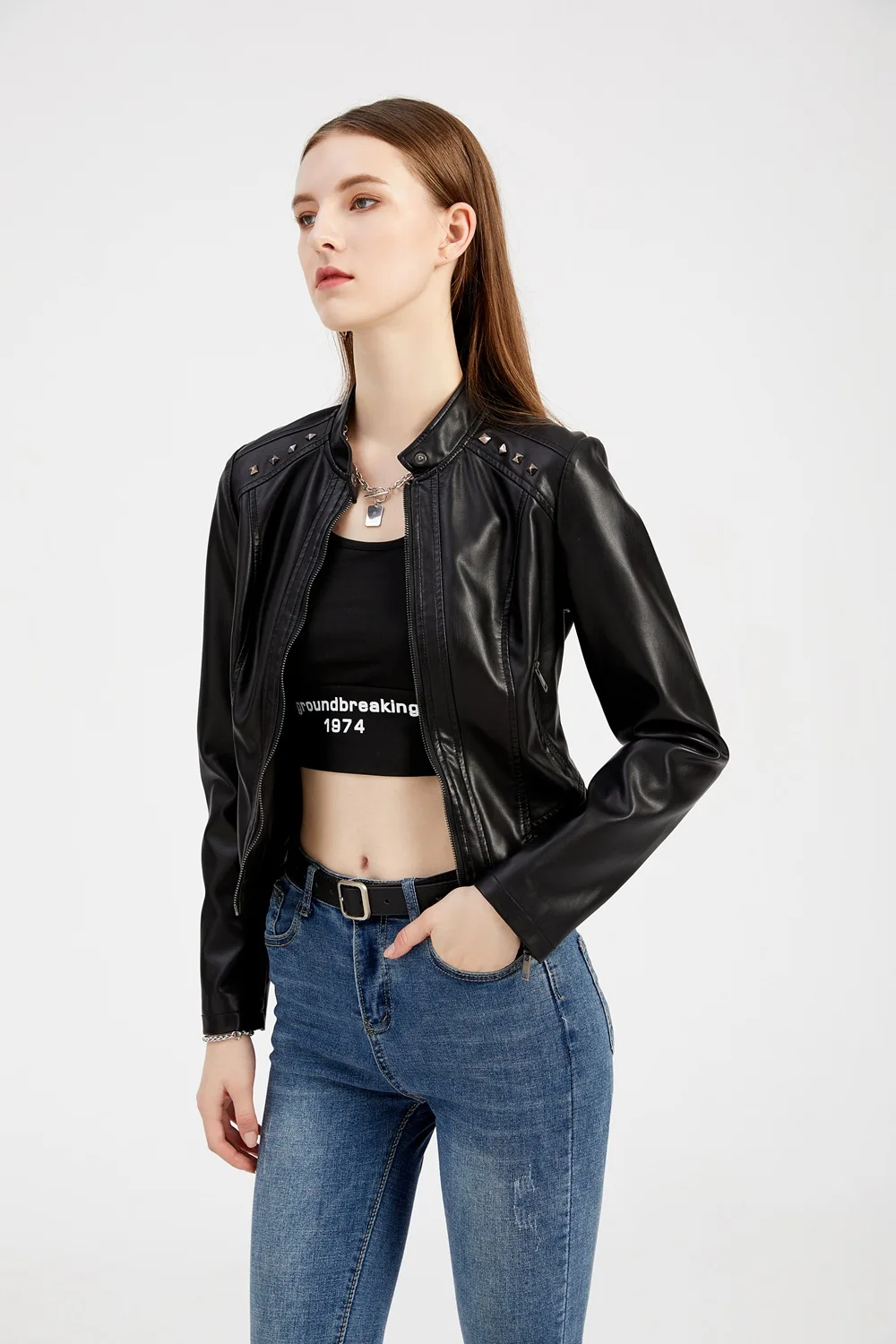 Women's Rivet PU zipper Leather Coat, Black Motorcycle Jacket, Standing Collar, Korean Punk Rock Fashion, Autumn and Winter