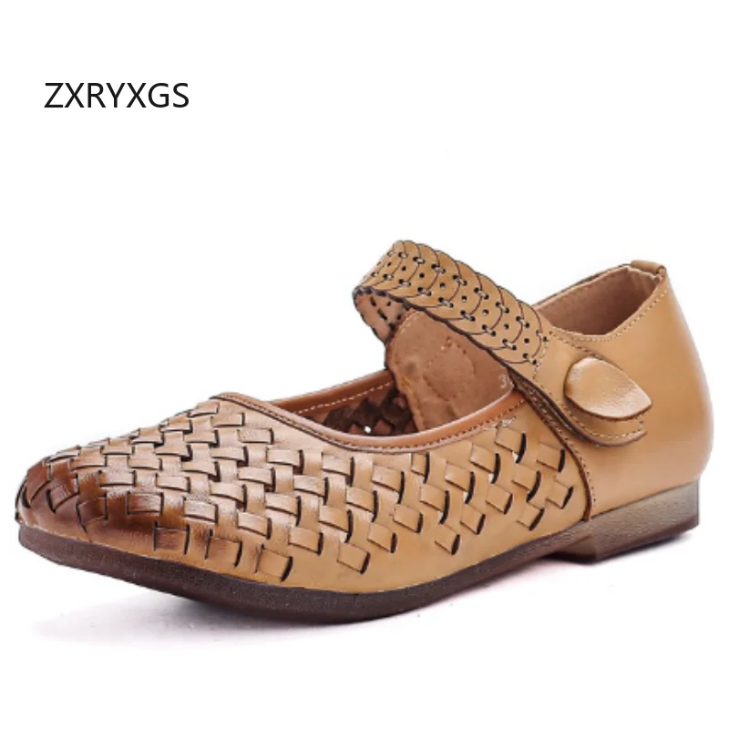 ZXRYXGS Classic Retro Premium Cowhide Leather Women Flat Shoes 2026 Spring Summer Flats Breathable Comfortable Mother's Shoes