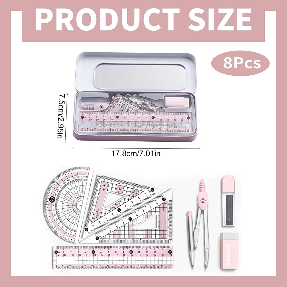 8PCS Maths Set Geometry Set For Secondary School Protractor-Compass Set Prevent Myopia Clear Dual Color For Students Supplies