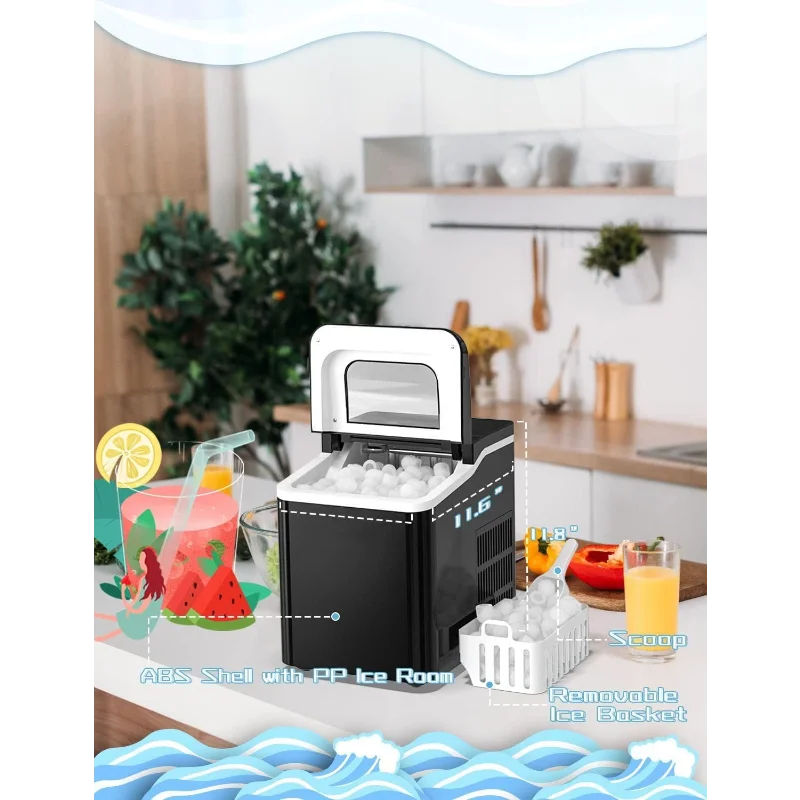 Máquina para hacer hielo portátil ARLIME para encimera, cubitos de balas listos en 8 minutos, 26 libras/24 horas, máquina para hacer hielo eléctrica con cuchara