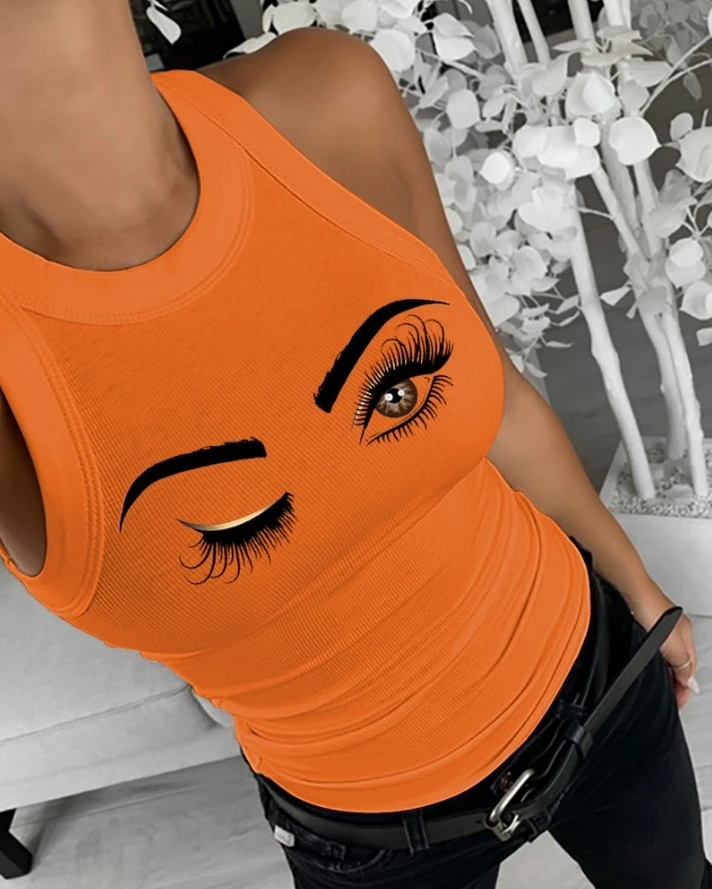 

Women's Versatile Tank Top Eyelash Print Casual Strap Sling 2024 Summer Autumn Latest O-Neck Figure Daily Beach Sleeveless Vest