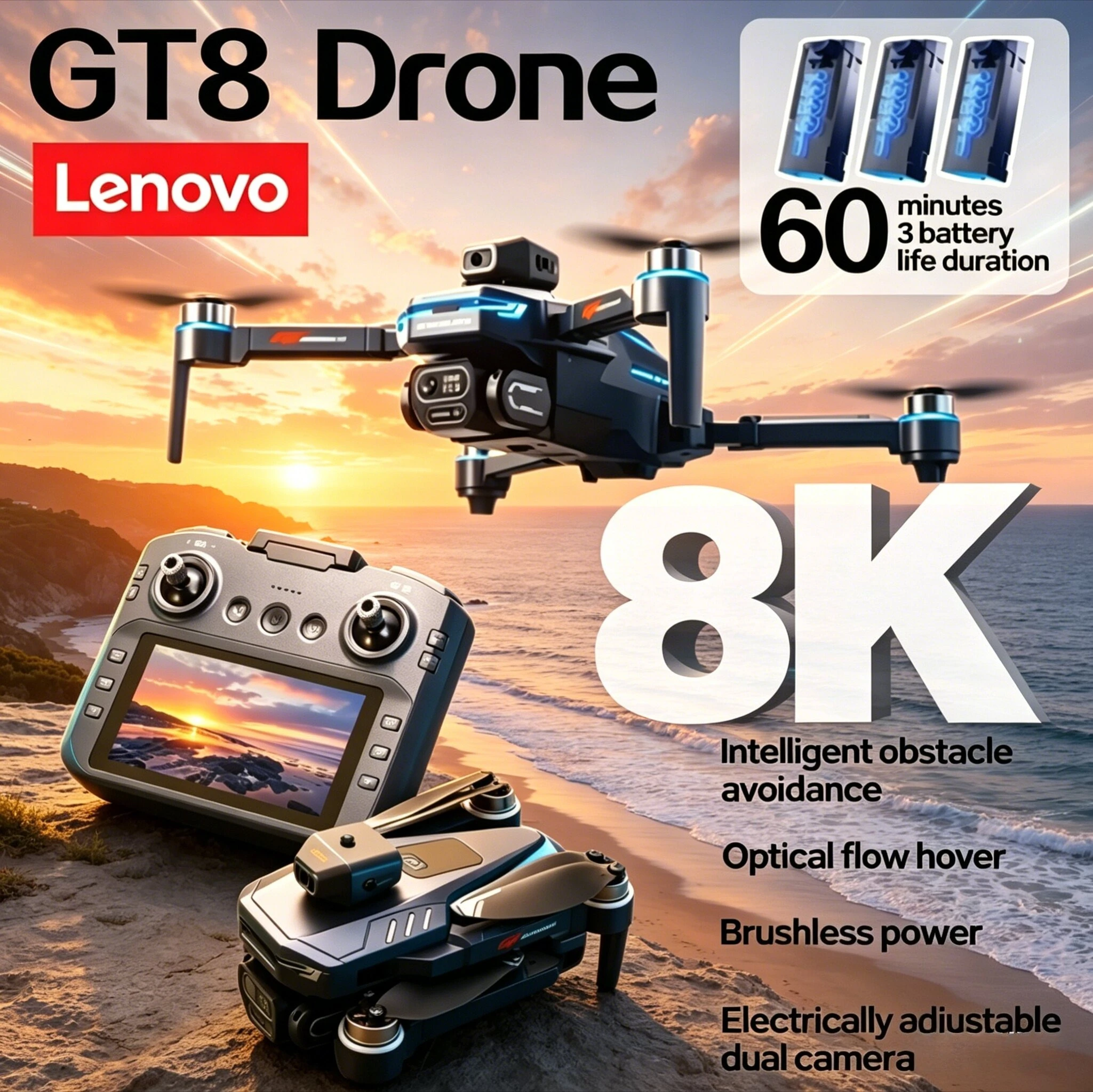 Lenovo GT8 RC Quadcopter 8K Dual-Kamera 5G WiFi GPS FPV Faltbare Drohne mit Bürstenlosem Motor und Optischem Fluss für Luftaufnahmen