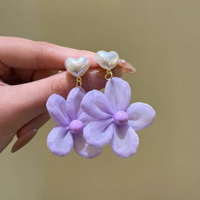

Light Purple Chiffon Flower Drop Earrings for Women Girls Acrylic Heart Imitation Pearl Dangle Earring Elelgant Holiday Jewelr