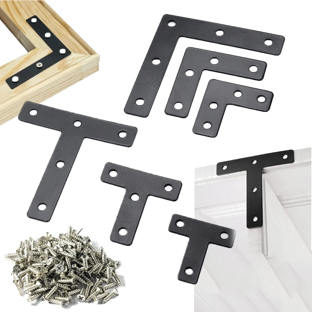 8pcs black flat bracket,  iron bracket bracket heavy duty, metal L-bracket , right Angle bracket repair plate with screws,