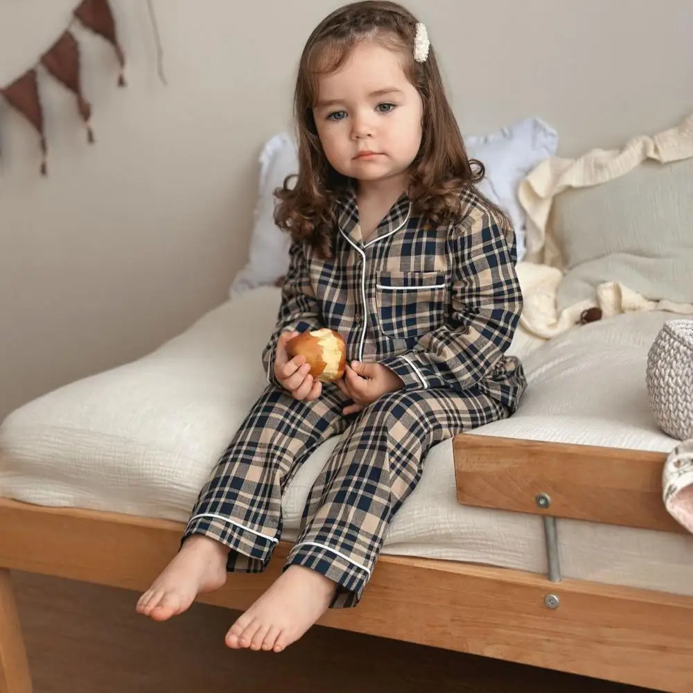 2024 Cute Baby Girl Plaid Pajama Turn Down Collar Children Boys Autumn Pyjama Two Piece Set Casual Kids New Home Clothes