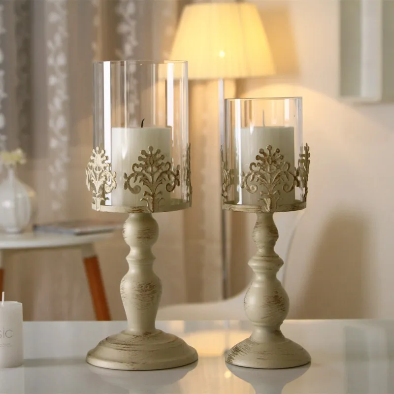 Vintage Metal Pillar Candle Holder Antique Hurricane Candlestick with Glass Screen Cover Accent Display for Home Wedding