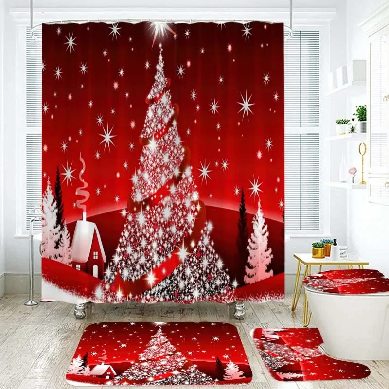 

Merry Christmas Tree Waterproof Shower Curtain Set of 4 Santa Moose Non Slip Rug Toilet Cover Bathroom Curtains