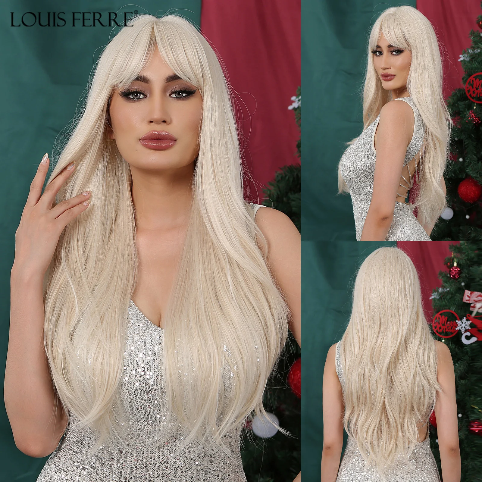 

LOUIS FERRE Warm Blonde Wavy Hair Long Synthetic Wigs for White Women Natural Women‘s Hair With Bangs Daily Cosplay Fiber Wigs