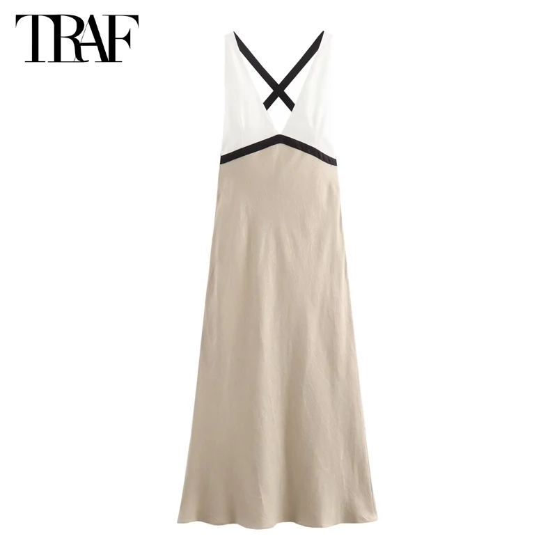 

TRAF 2024 Slip Long Dress Woman Sexy Backless Midi Dress Women Patchwork Party Dresses for Women Summer Beach Women's Dress