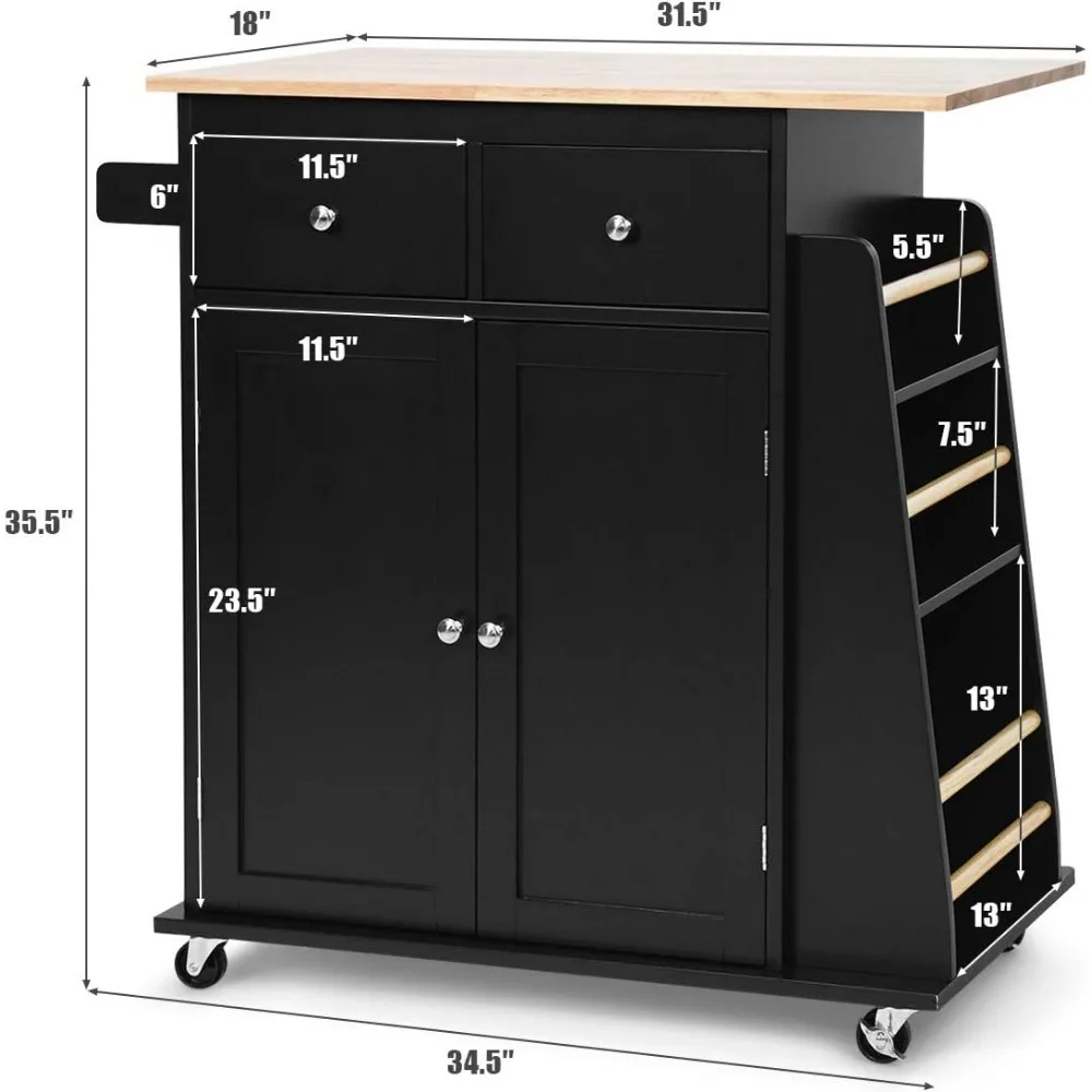 Kitchen Island Cart, Rolling Wood Trolley 2 Drawers, Side Spice Rack and Wine Bottle Rack, Kitchen Cart on Wheels (Black)