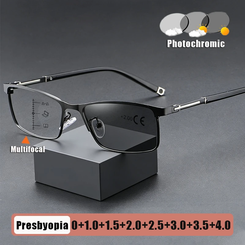 

Men's Business Multifocal Photochromic Presbyopia Glasses Metal Square-Frame Blue Light Blocking Reading Glasses 0 To +4.0
