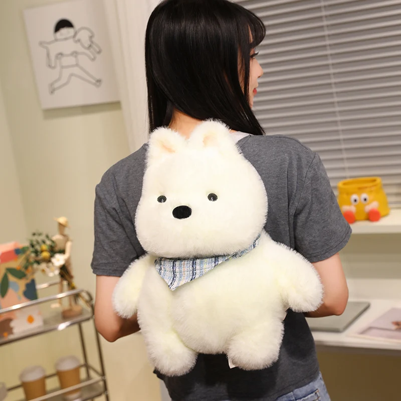 

40cm Cartoon Bib Animal Plush Backpack West Highland White Terrier Double Shoudlers Bag Kids Wallet Plushie Gift