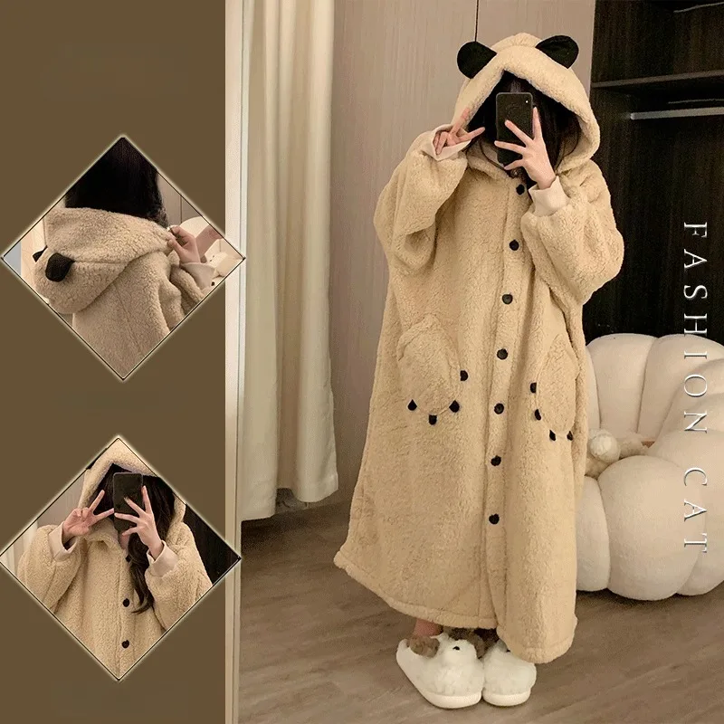 Female New Style Thickening Type Loungewear Night Gown Wintertime Warm and Cozy Soft Cute Teddy Bear Hooded Coral Fleece Pajamas