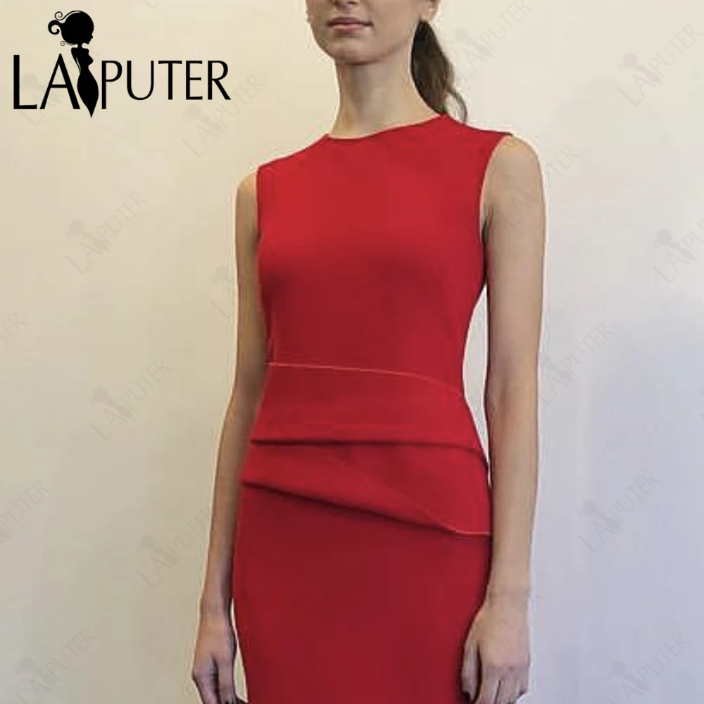 Mulheres Vestidos de Crepe Vermelho Grosso, Bainha Ruched da Senhora, Elástico, Comprimento Chá, Sem Mangas Vestido de Festa, Celebridade Moda, Vestido de Baile