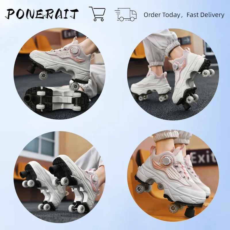 4 Wheel Telescopic Deformation Shoes With Brakes, Swivel Buckle Roller Skates, Breathable Mesh Sneakers Skates For Men And Women