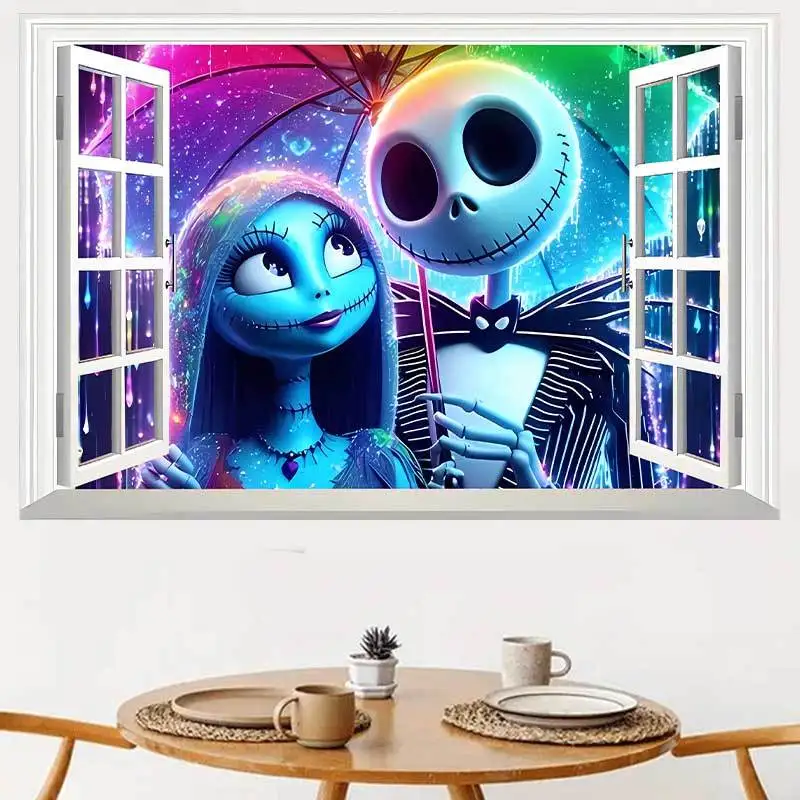 1 unidad de pegatina de pared con vista de ventana y paraguas arcoíris de Jack y Sally de Pesadilla Antes de Navidad, adecuada para dormitorio, sala de estar, etc.