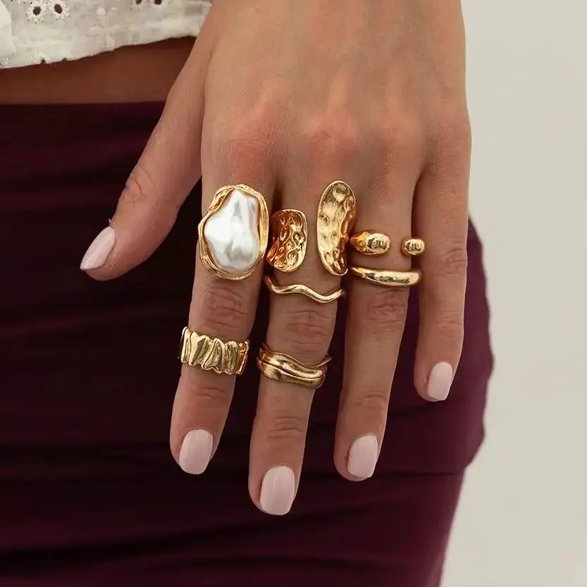 SHIXIN 7Pcs Baroque Imitation Pearl Chunky Open Rings Set for Women Smooth Irregular Wave Adjustable Rings Trendy Finger Jewelry