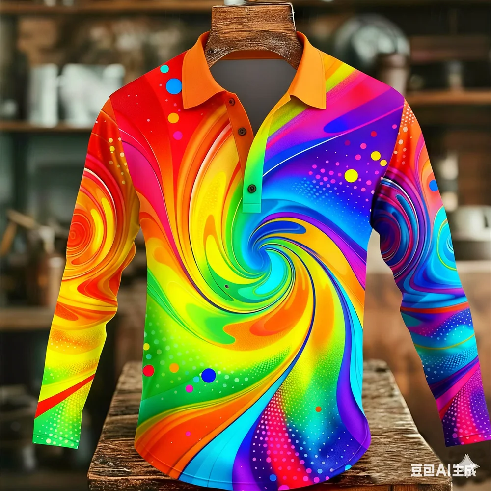 

Men's Colorful Geometic Pattern Polo Shirt Fashion Creative Design Long Sleeve Button Lapel Pullover Autumn Winter Loose Clothes